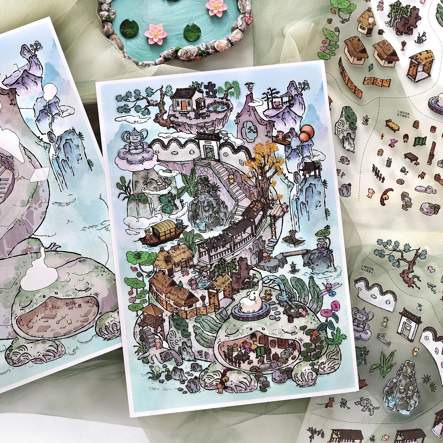 귀여운 동물섬 3D 수달섬 풍경 스티커 DIY 포켓 캐빈 장면 축제 선물