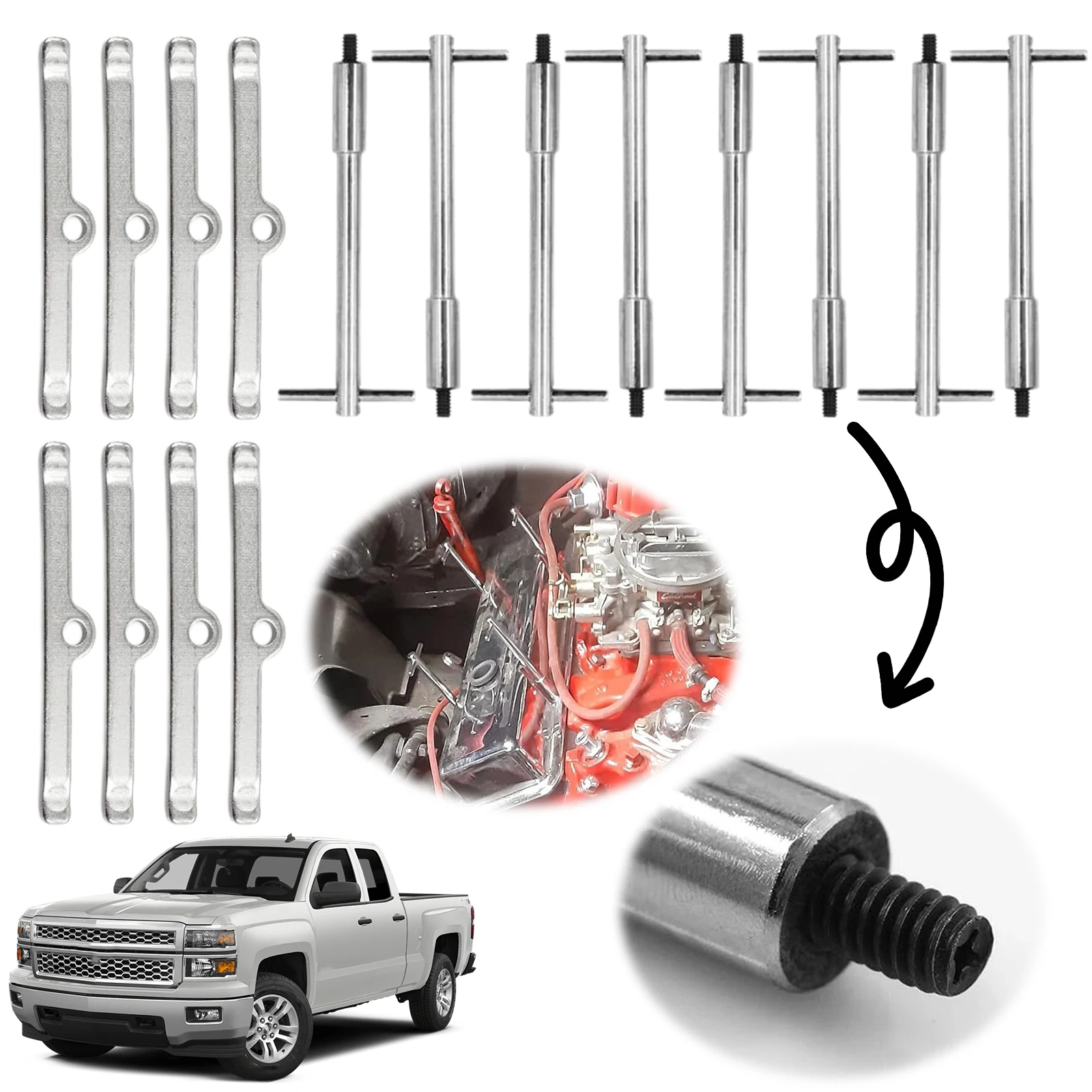 Chrome Tall T-Bar Valve Cover Hold Down Set Valve Cover T-Bar Set T-Bar Valve Cover Center Bolts for Chevy SBC 283 327 350