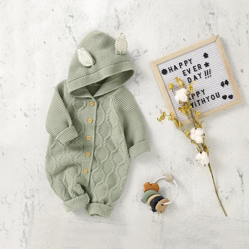 

Autumn Baby Romper Knitted Newborn Girl Jumpsuit Outfit Long Sleeve Infant Boy Clothing Fashion Hooded Playsuit Cute Ears Onesie