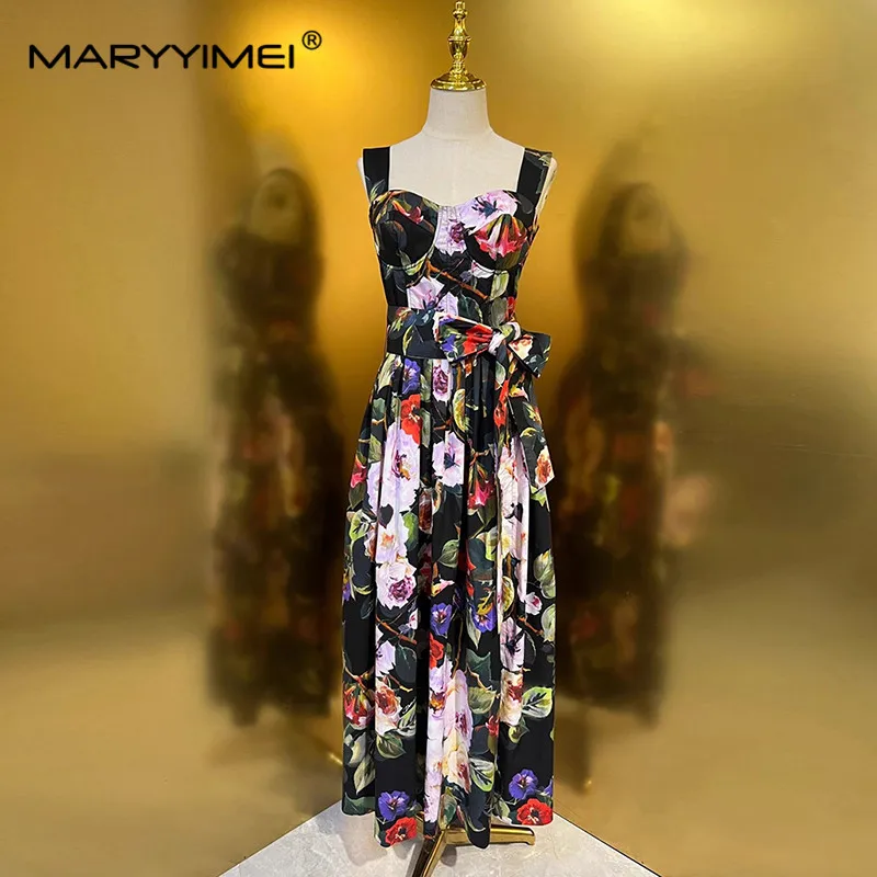 

MARYYIMEI Fashion Runway Designer Women's Rose Print Halter Sexy Beach Style Poplin Lace-Up Slim-Fit Closed Waist Split Dress
