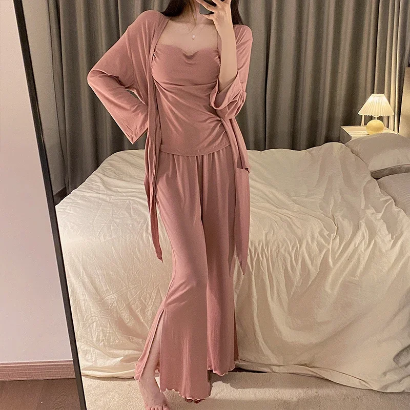 

Новый женский пижамный комплект из 3 предметов, кардиган + кофта + брюки, женская одежда для сна из модала, летняя пикантная Удобная Свободная Домашняя одежда для ленивых