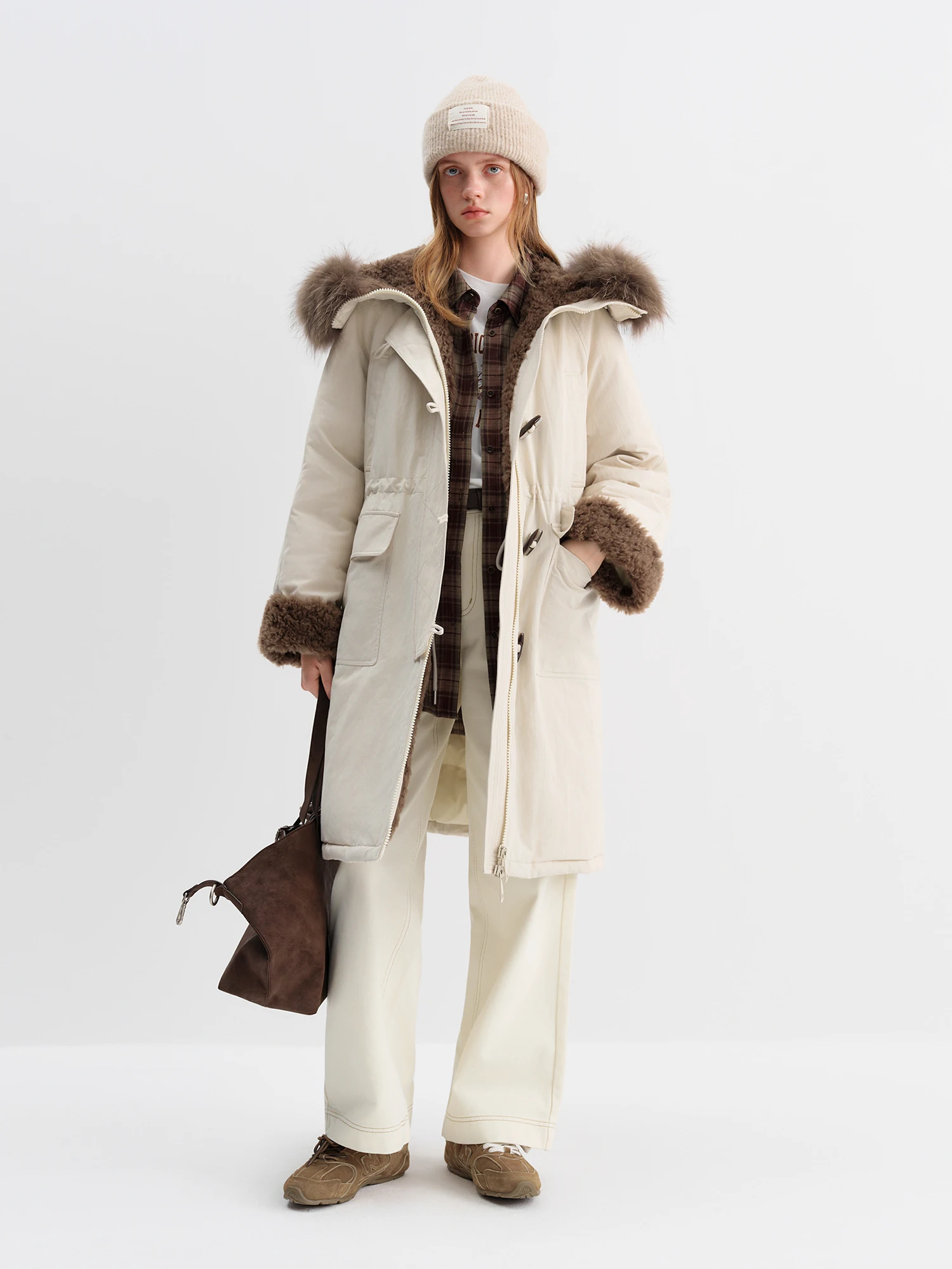 FSLE Women's Fur-Lined Down Parka with Wool Blending Mid-Length Winter Jacket for 2025 Winter New Arrival Long Hooded Jacket