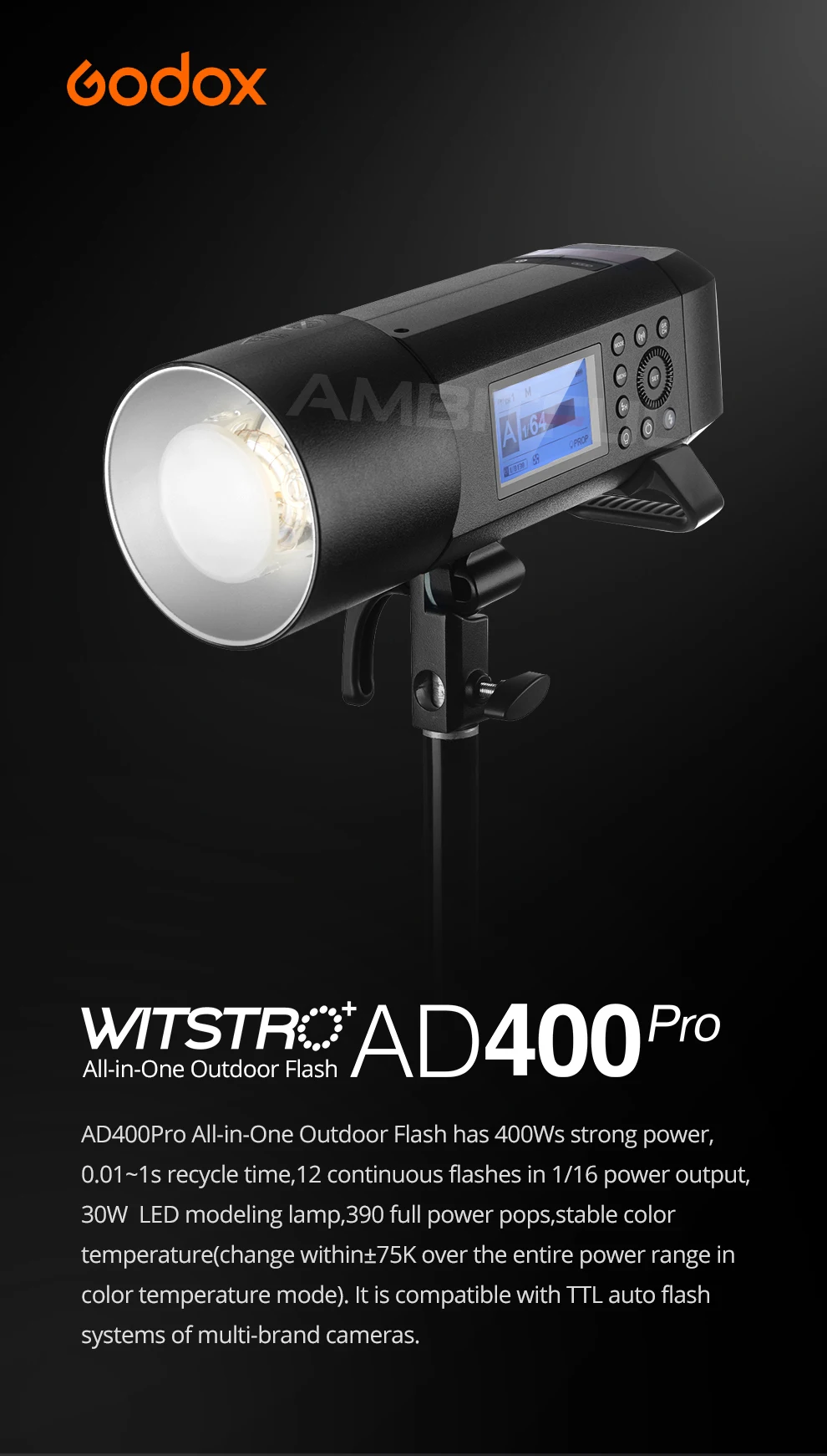 Godox 400W AD400 Pro WITSTRO All-in-One Outdoor Flash AD400Pro Li-on Battery TTL