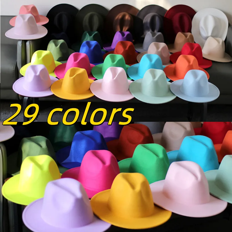 Wholesale fedora 29 colors felt hat men's jazz hat fedora monochrome orange women's fedora women with gorras hombre trapstar 1