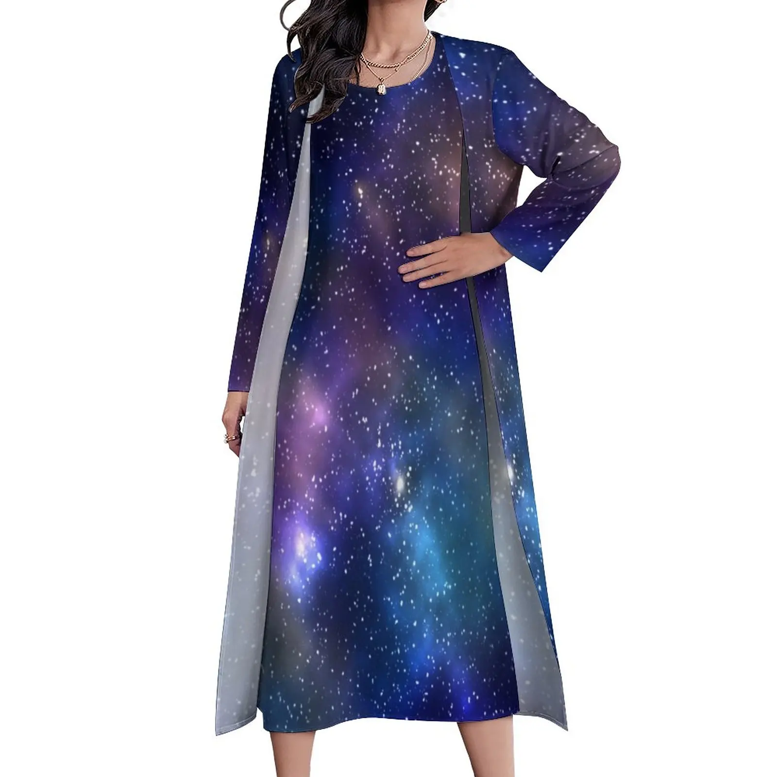 

Galaxy Starry Print Dress Moon Space Sky Maxi Dress Fashion Bohemia Long Dresses Autumn Long Sleeve Pattern Vestido 3XL 4XL 5XL