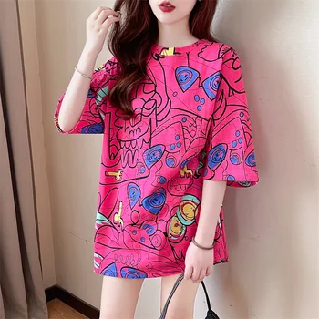 Y2K Women Casual Crop Top Cartoon Graffiti Print Elastic T Shirt Loose Short-Sleeved O-neck T-shirts Fashion Summer Cotton Tees