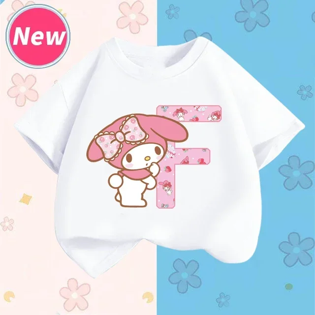 thumbnail image 1 of Camiseta de manga corta para niños con letras de la A a la Z de My Melody Anime, camiseta de algodón de verano para niños de Sanrio, regalo de cumpleaños kawaii suave con forma de corazón para niñas, 1 of 5