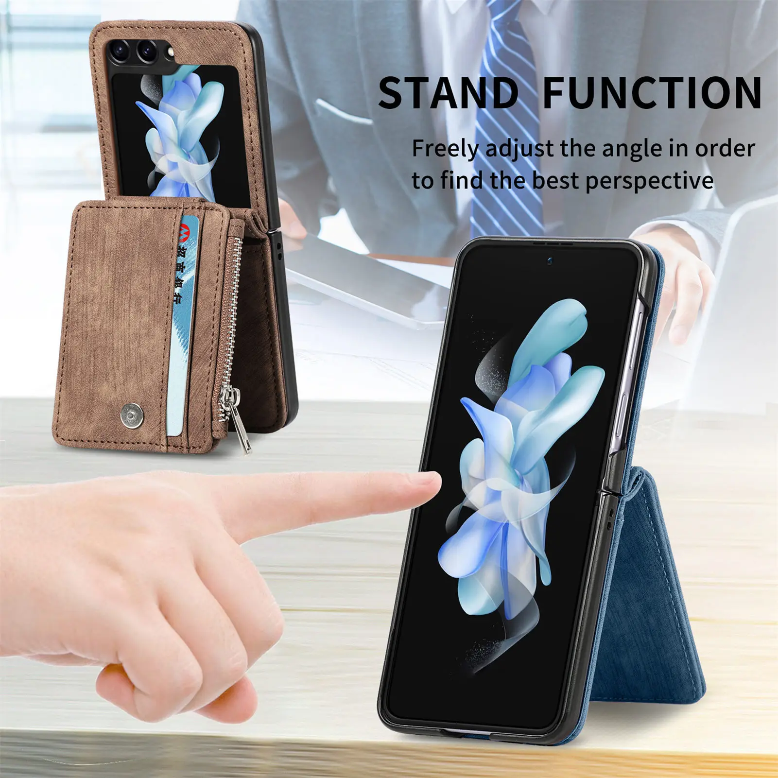 Leather Foldable Wallet Phone Case with Zipper Card Holder