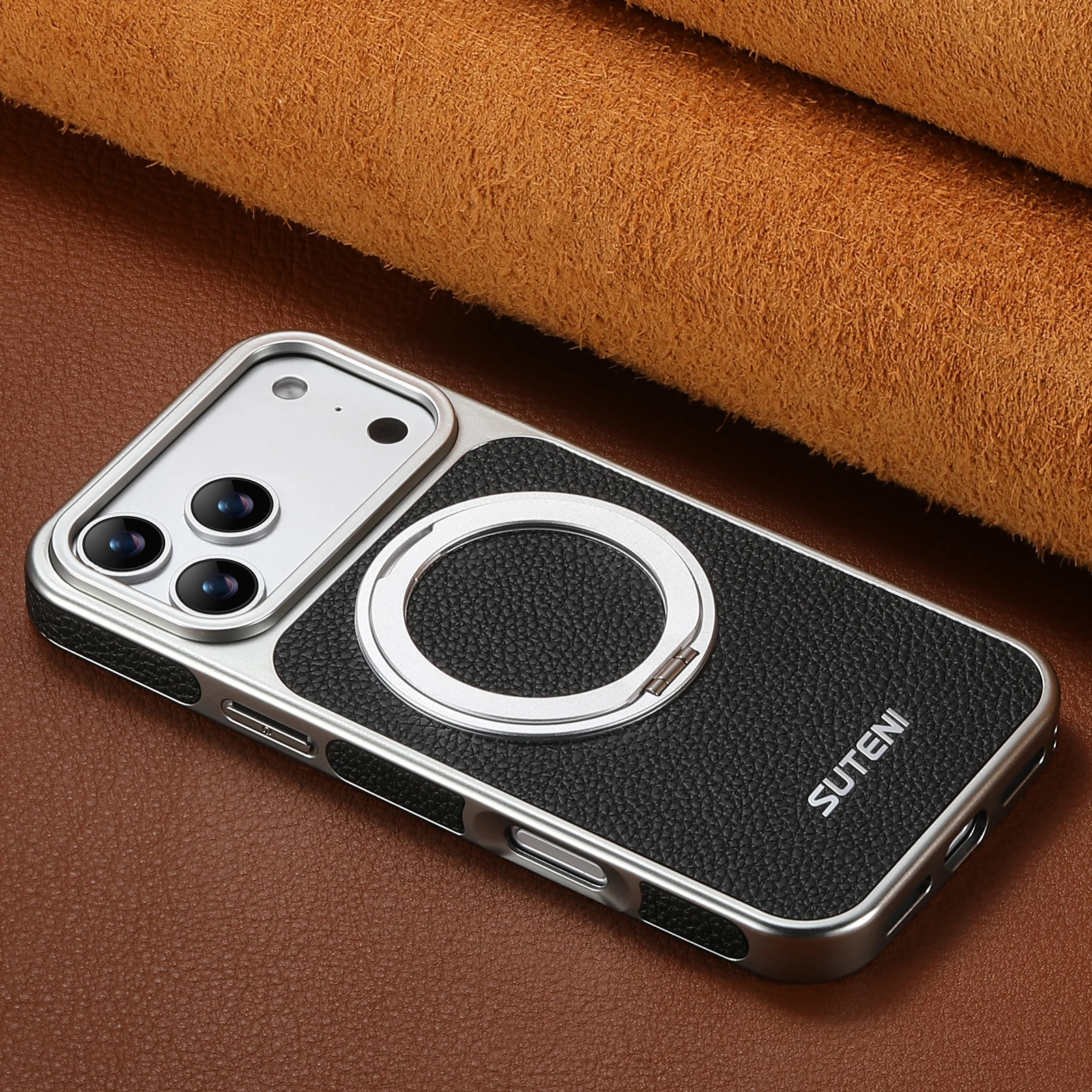 Sleek Leather Magnetic Phone Case with 360° Rotating Stand and Magsafe Wireless Charging Compatibility
