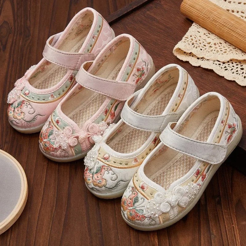 Kids Hanfu Shoes Sweet Embroidery Flower Girl Princess Shoes Fashion Chinese Ancient Style Children's Causal Flat Cloth Shoes 4