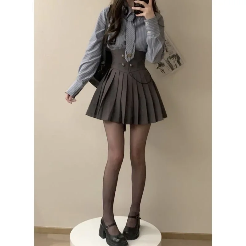 Autumn New 3 Piece Set Women Kawaii Skirt Suits Female Short Coat Pleated Mini Skirt Striped Shirt Y2K Korean Fashion Outfits