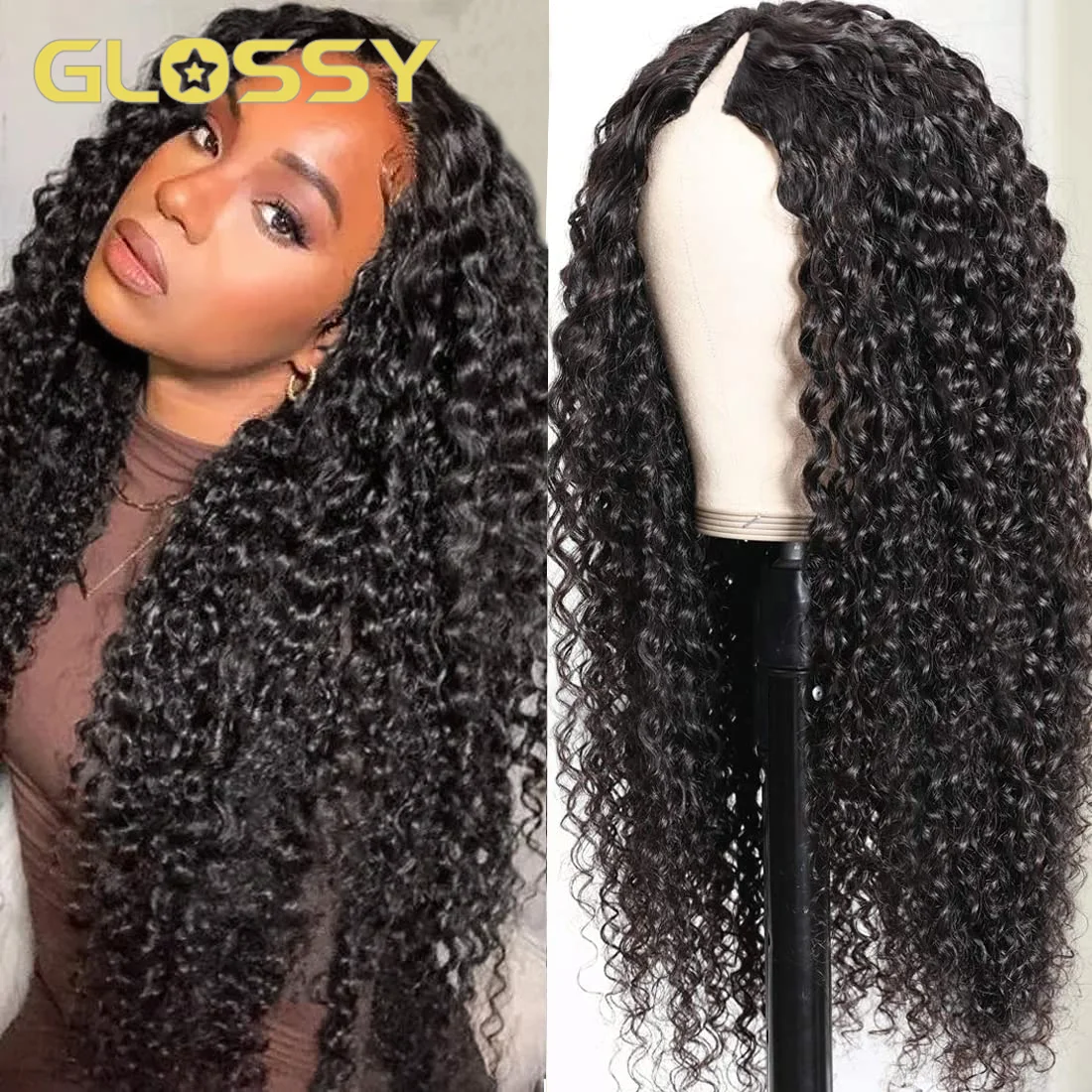 Deep Curly V Part Human Hair Wigs No Leave Out Glueless Brazilian Curly Human Hair Wigs for Women Natural Black 250 Density human hair wigs