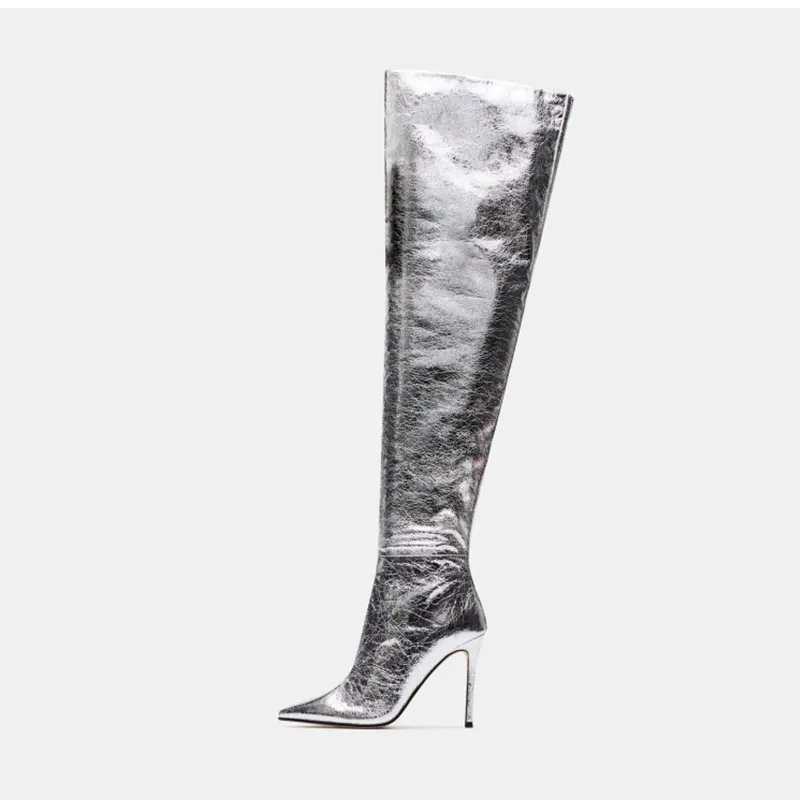 

Arden Furtado 2023 Cracked metal leather Thin heels Thigh high boots Pointed toe Side Zipper Super high heel Modern boots