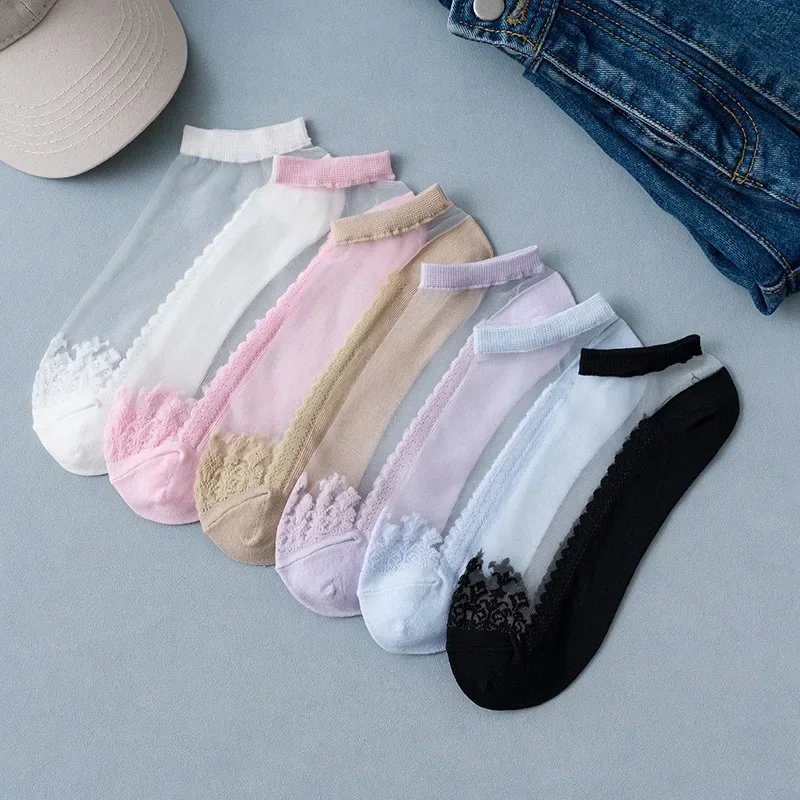 

Invisible Summer Women's Ankle Socks Transparent No Show Lace Socks Non-slip Mesh Sheer Half Thin Socks