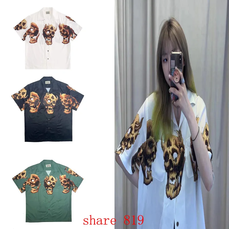 

Demon Skulls Print Graphic WACKO MARIA Short Sleeve Shirt Men Women High Quality Hawaii Beach Shirts Japan