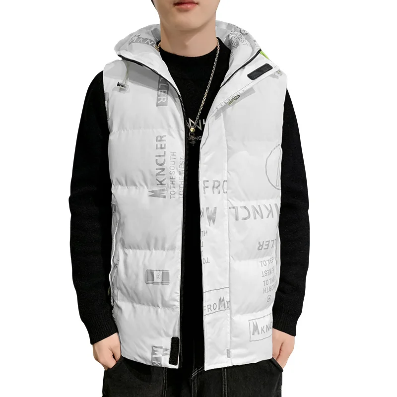 

Korean Fashion Winter Men Hooded Thicken Vest Warm Sleeveless Handsome Student Coat Loose Zipper Letter Printed