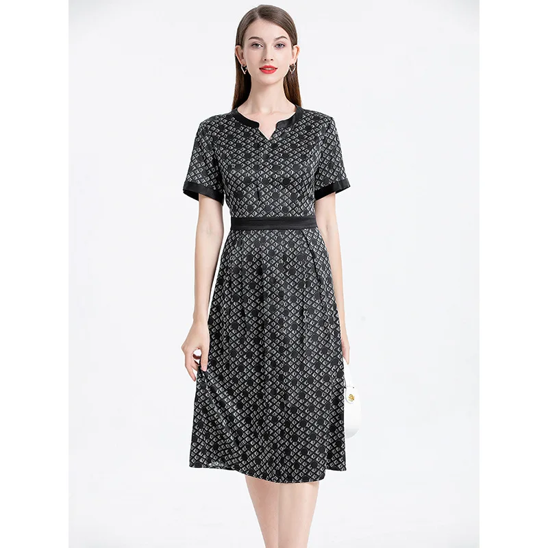 

Natural Silk Dress for Women, Elegant Mulberry Silk, V-Neck, Slim Waist, Geometrical Printing Dresses, Summer 2023
