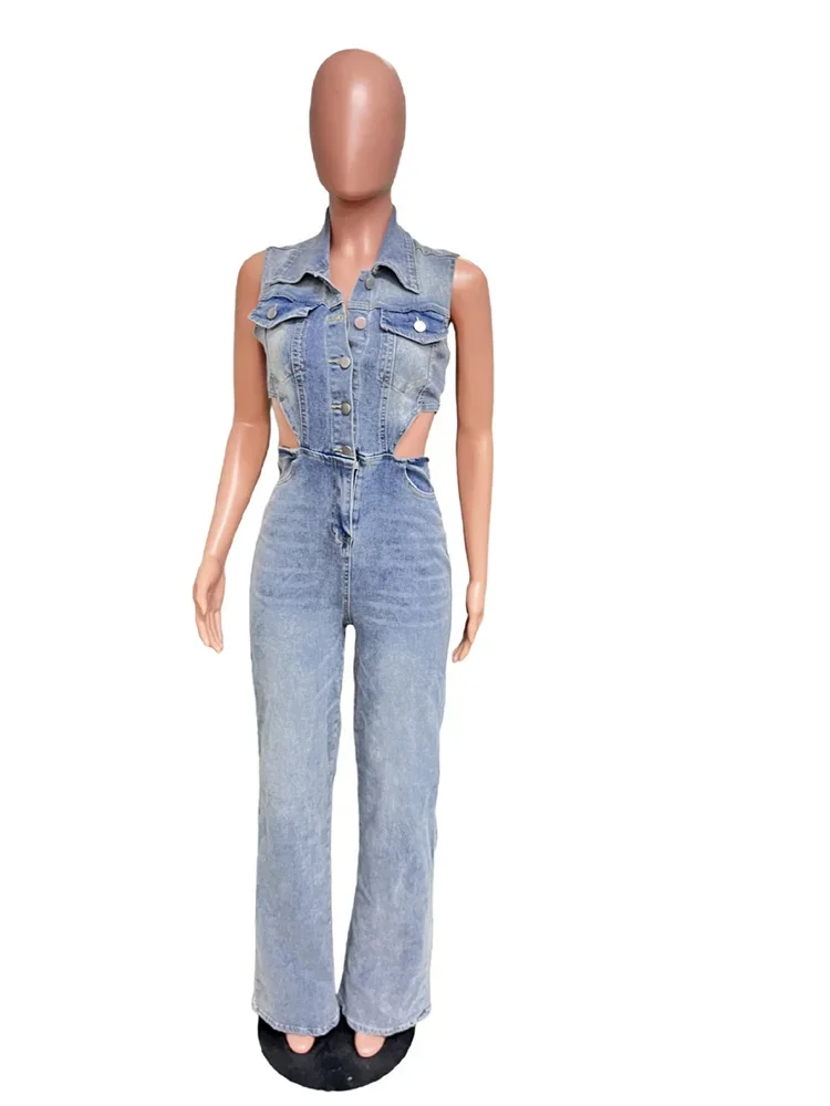 Wmstar Women Jumpsuit Sexy Revealing Waist Tight Waist Slim Fit Elastic Straight Tube Loose Wash Denim Wholesale Dropshipping