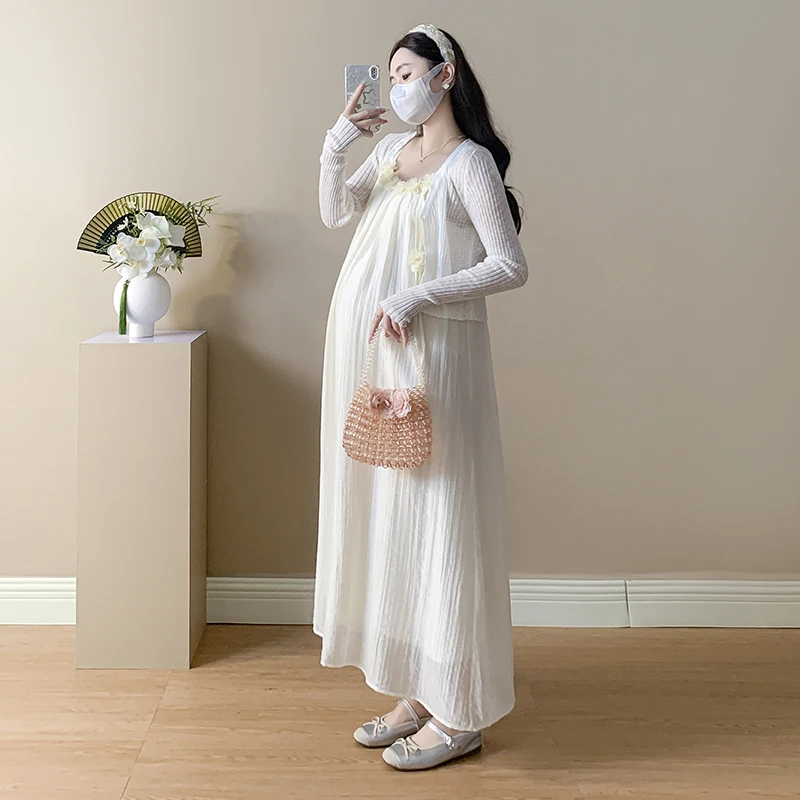 2025 Summer Pregnant Woman Vacation Clothes Set Long Sleeve Cardigans 3d  Floral Strap Dress Maternity Beach Dress with Cover Up - AliExpress