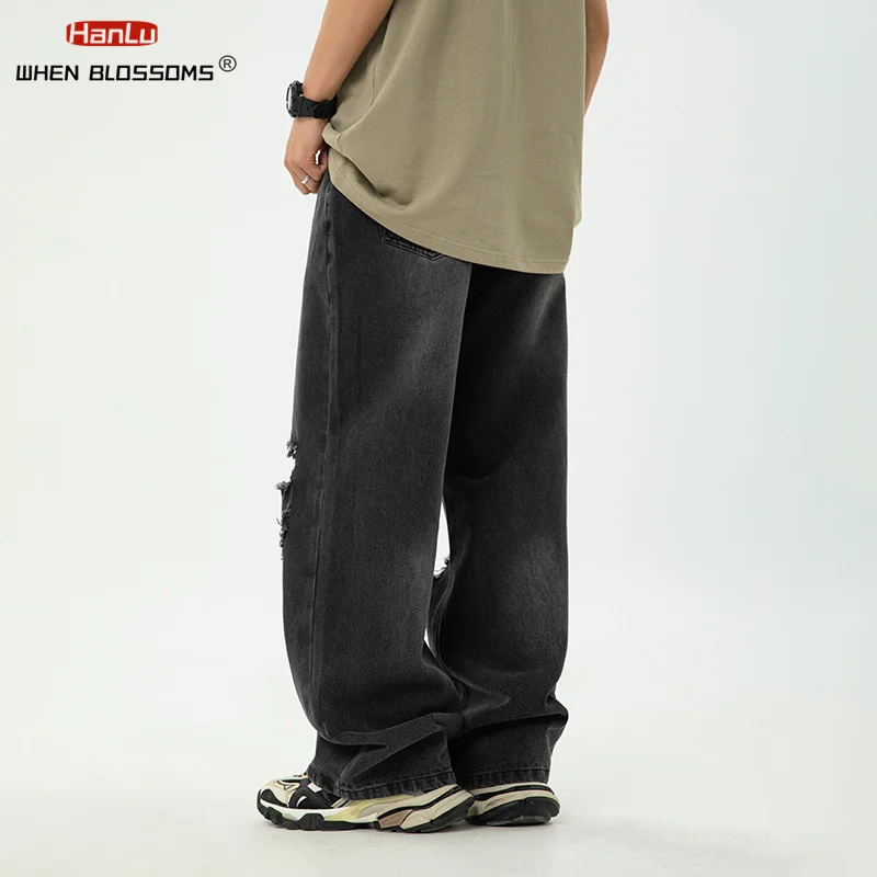 2024 Spring/Summer New Men's Vintage Washed Worn Out Jeans Men's Loose Japanese Straight Leg Micro Wide Trendy Brand Denim Pants