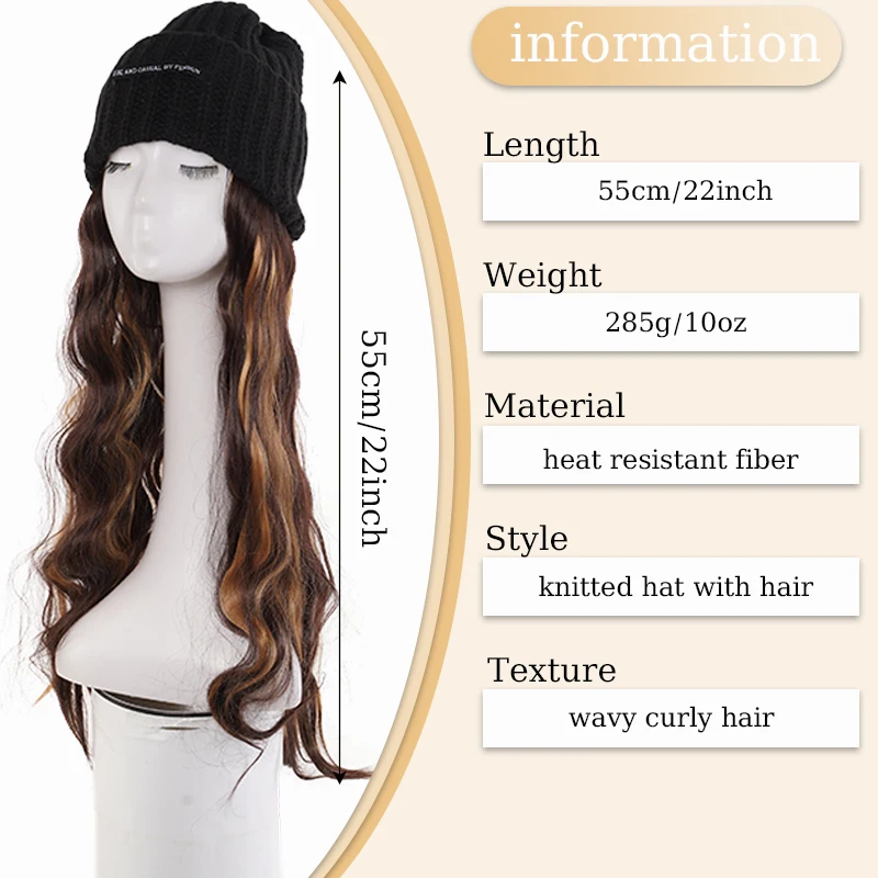 Knitted Hat with Wavy Hair Synthetic 22inch Hat Wig Extensions for Women Winter Warm Beanies Hats Wigs for Christmas Use