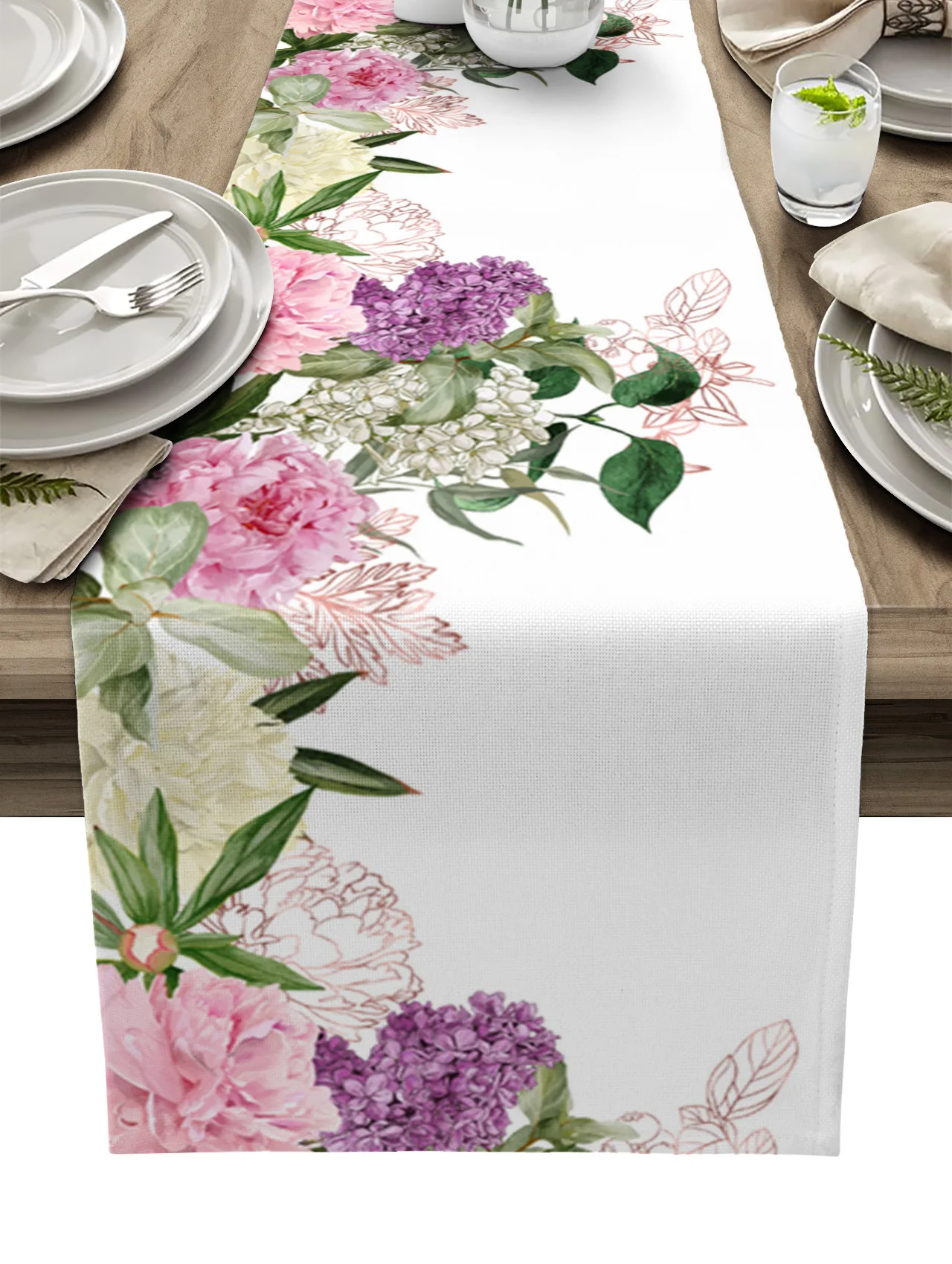 

Peonies Roses Flower White Table Runner Wedding Holiday Party Dining Table Cover Cloth Placemat Napkin Home Kitchen Decoration