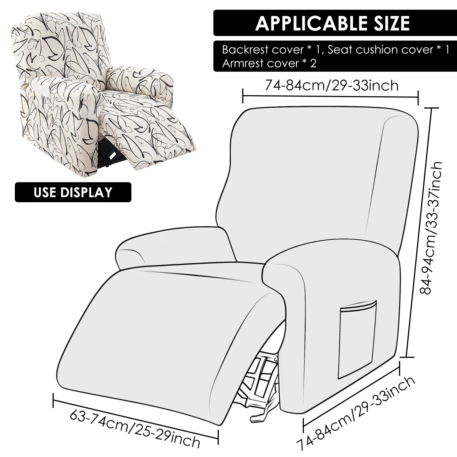 4Pcs Elastic Recliner Sofa Cover Printed Stretch Recliner Slipcovers with Side Pockets Non Slip Sofa Slipcovers for Living Room 4