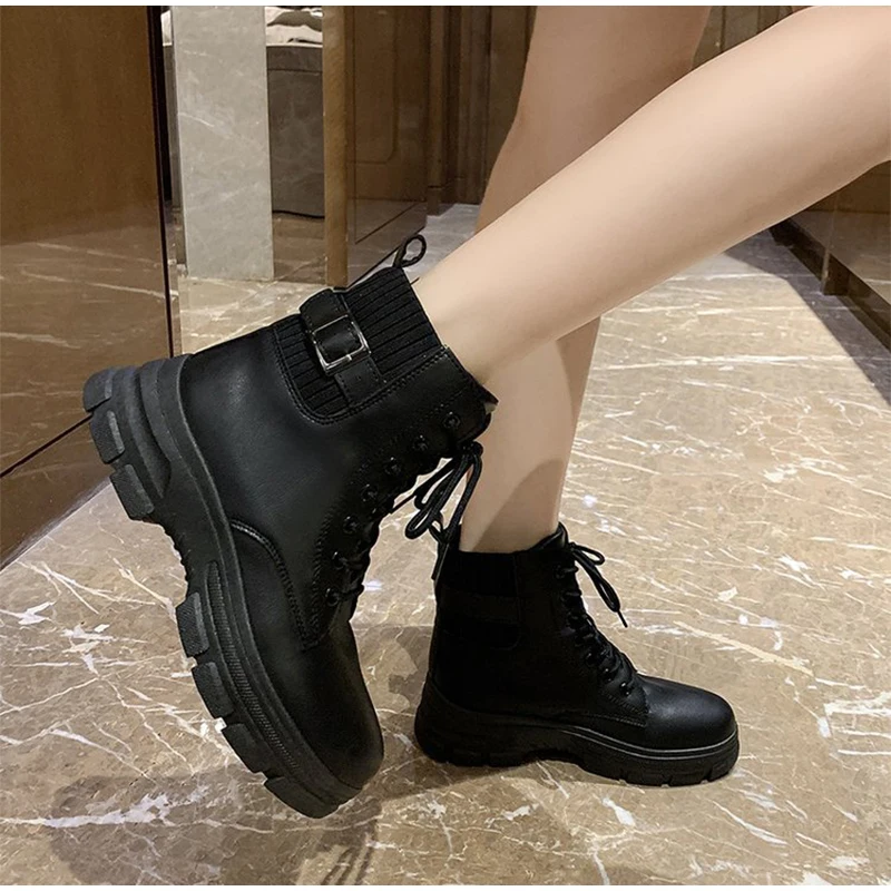 Ladies winter ankle boots pu leather warm stretch fabric splicing female snow boots