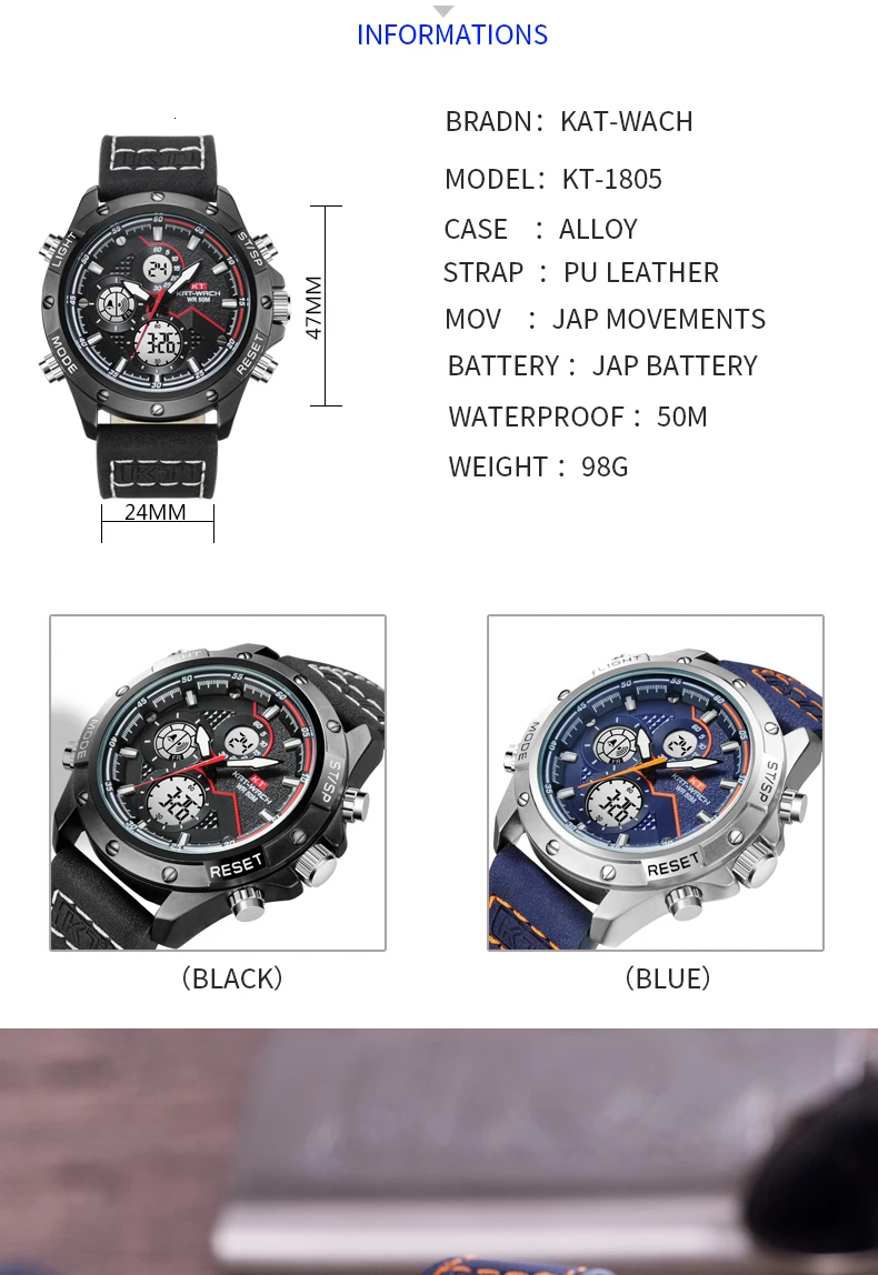 2022 KAT-WACH Fashion Chronograph Leather Sport Wristwatches Men Military Date Electronic Timing Men's Watches Relogio Masculino