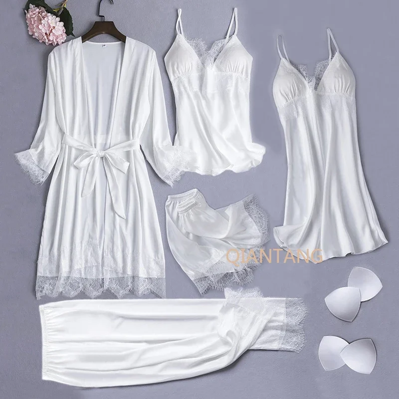 

White Silk Pajamas Set Women 5PCS Bride Wedding Robe Nightgown Sexy Lace Chemise Sleepwear Kimono Bathrobe Gown Lingerie