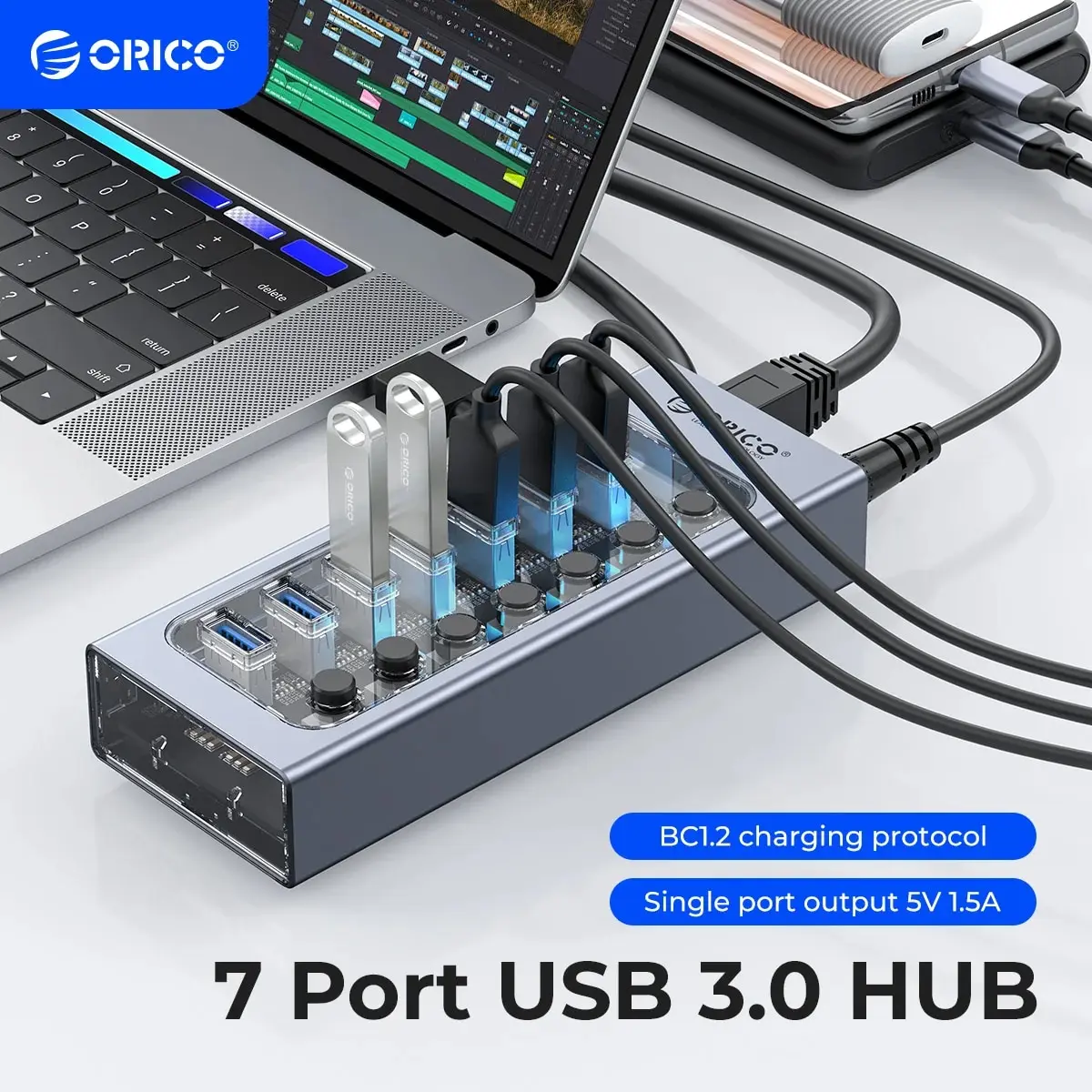 ORICO USB3.0 Hub Aluminum Industrial 7-Port Splitter Split Switch with 12v Power Adapter for Macbook Mobile Phone Tablets