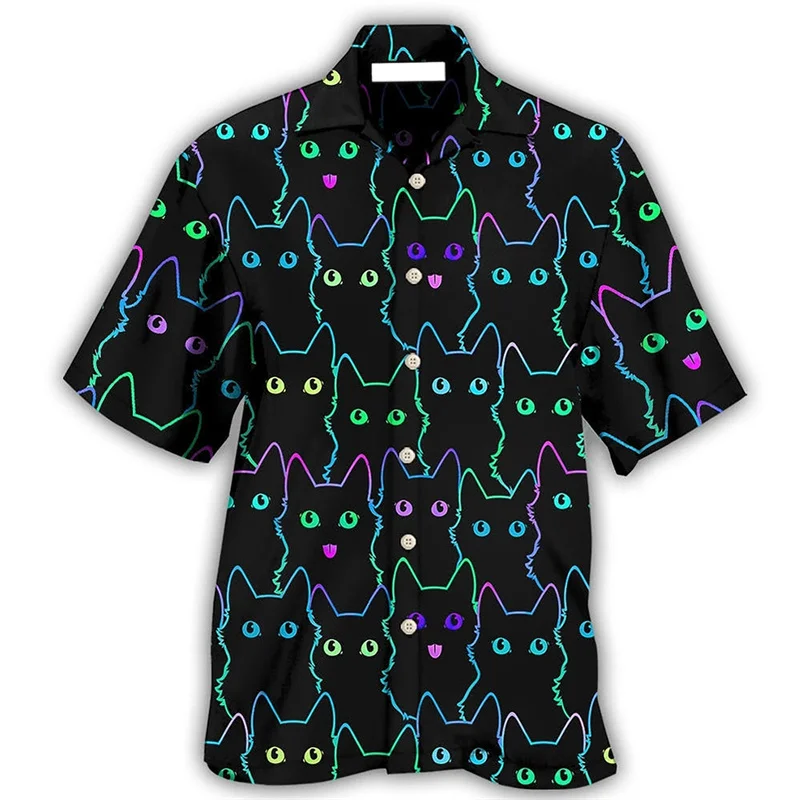thumbnail image 1 of Camisa con estampado de gato colorido para hombre, camisas hawaianas con estampado de animales en 3D, blusas de manga corta para playa de verano, blusa con solapa con botones genial, 1 of 5