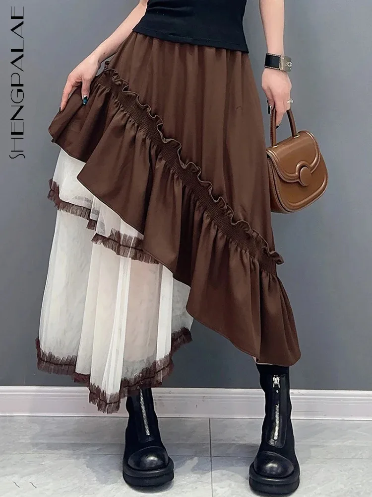 

SHENGPALAE Irregular Ruffles Skirt For Women Mesh Patchwork Niche Design Chic Mid Calf Skirts Female Spring 2024 New Tide 5R9224