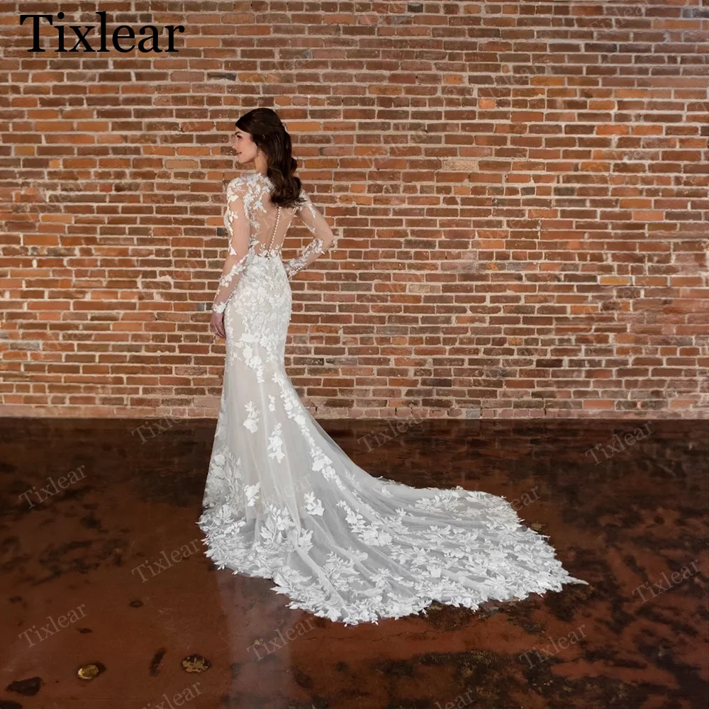 

Tixlear Elegant Wedding Dress High Neck Mermaid Bridal Gowns Custom Made Court Train Covered Button Appliques Vestidos De Novia