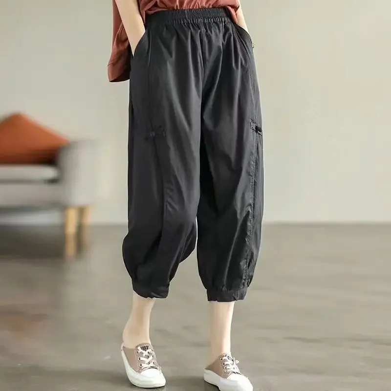 Women's Clothing Summer Vintage Fashion Cotton Thin Capris Casual High Waist Loose Harem Pants Solid Cropped Trousers Pantalones