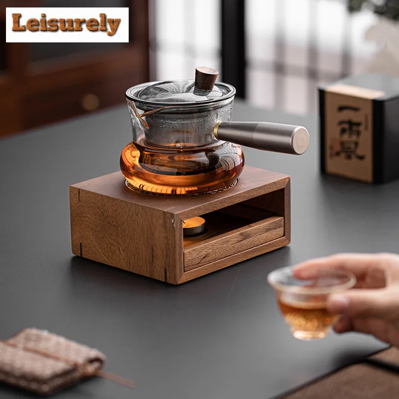 Walnut Wood Square Tea Warmer Set Glass Side Handle Teapot For Home Warm Brewing Tea Kettle Heating Base Kung Fu Tea Ceremony