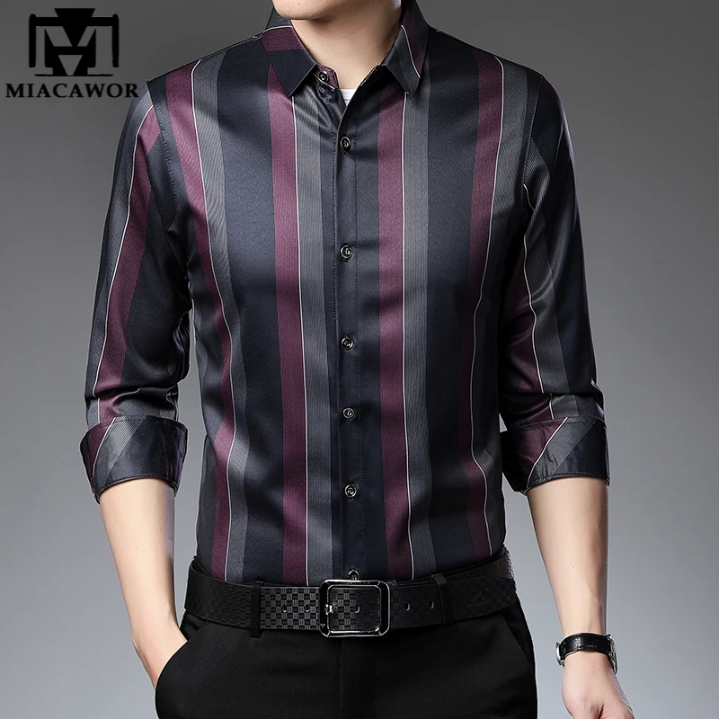 

New Brand Casual Striped Shirts Thin Luxury Silk Dress Shirts Spring Long Sleeve Men Korean Slim Fit Camisa Masculina C845