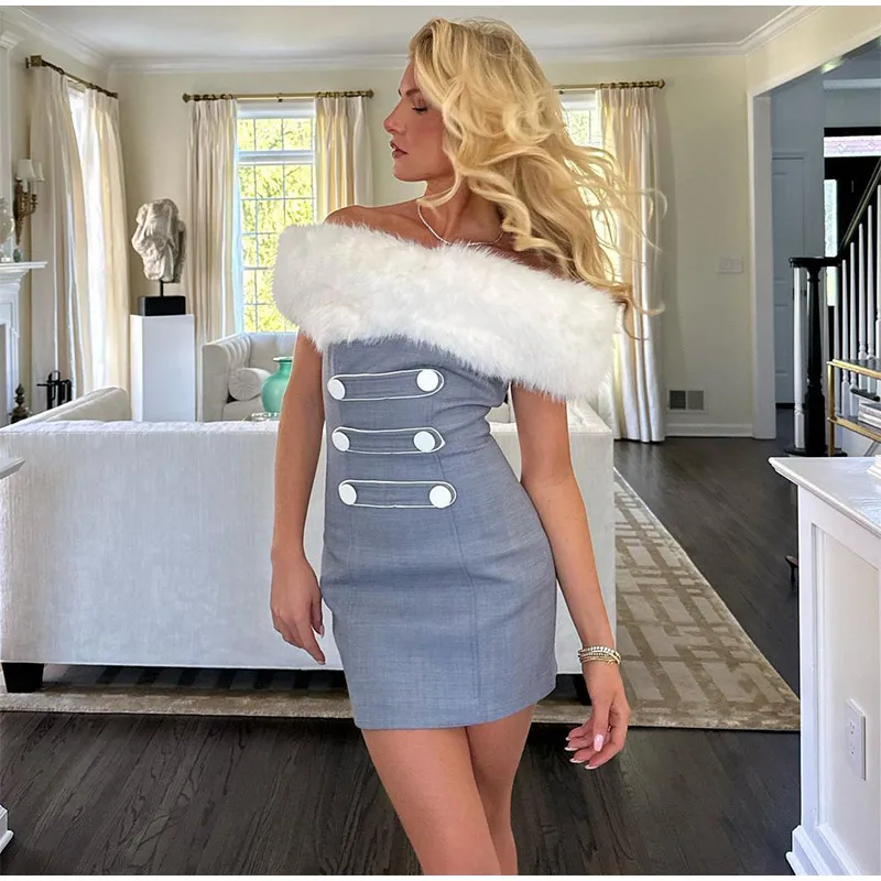 Vintage Plush Off Shoulder Mini Dresses Women Winter Faux Fur Slim Fit Button Short Dress Female Autumn Elegant Chic Evening