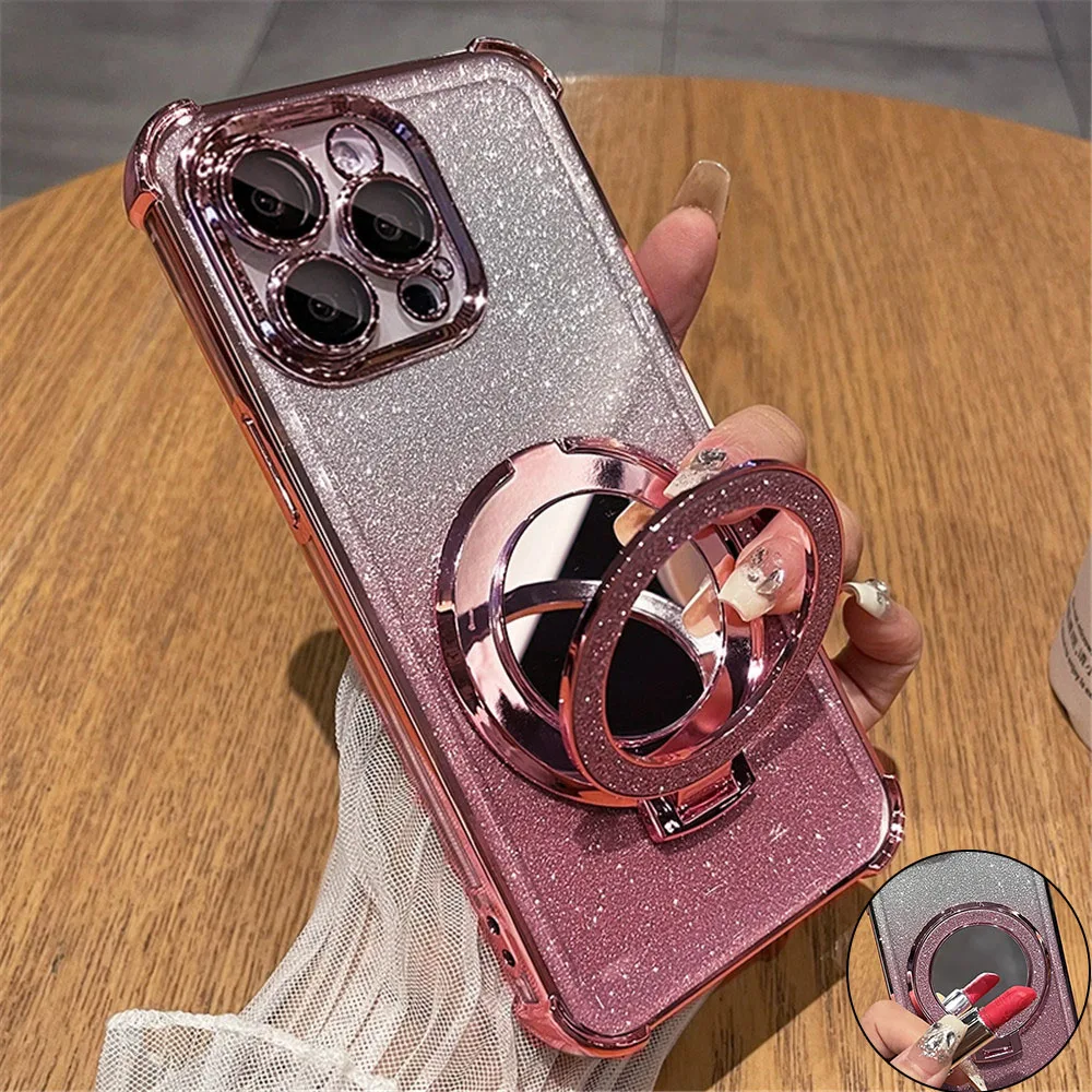Glitter Shockproof Silicone Case with Mirror Magnetic Holder Stand Cover