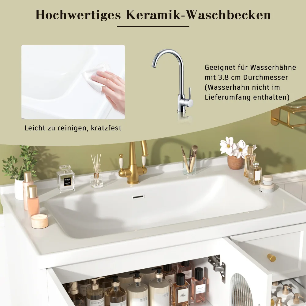 80 cm Schwebender Multifunktionaler Badezimmerschrank, MDF-Platte, Großes Stauraumvolumen, Mit Keramik-Waschbecken – Detail 8
