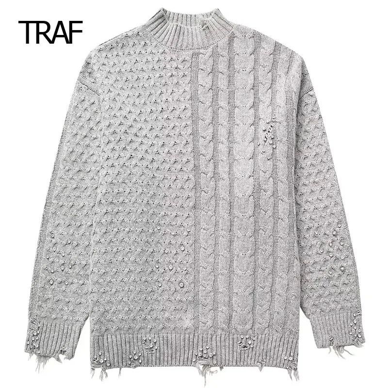 

TRAF Rhinestones Knitted Sweater Women's Sweater Autumn Winter 2023 O-Neck Pullover Long Sleeves Top Women's Luxury Tops Mark