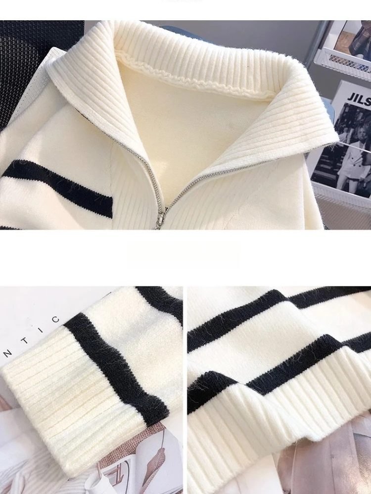 Fashion New Autumn and Winter Women's Zipper Lapel Long-sleeved Sweater Retro Striped Casual Knitwear Office Pullover Shirt
