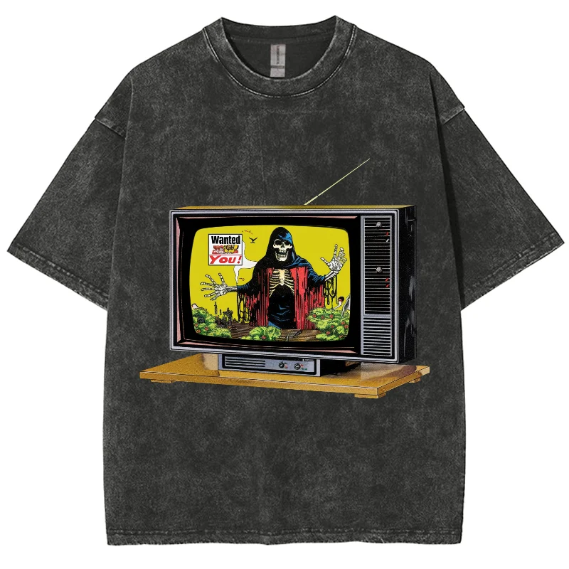 

Fashion Y2K Washed Tshirt,Cartoon Death Skeleton In TV Wanted You !, Oversized Streetwear Washed Short Tshirts For Men Women