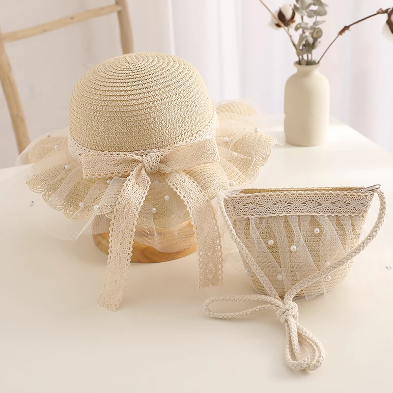 Child Straw Hat Shoulder Bag Set Kids Hats Summer Girl Cute Sweet Lace Bow Beach Hat Travel Anti-UV Breathable Sun Cap