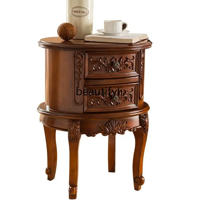 

American Country Sofa Side Table Side Table Solid Wood Creative Oval Small Coffee Table round Bedside Table Telephone Table