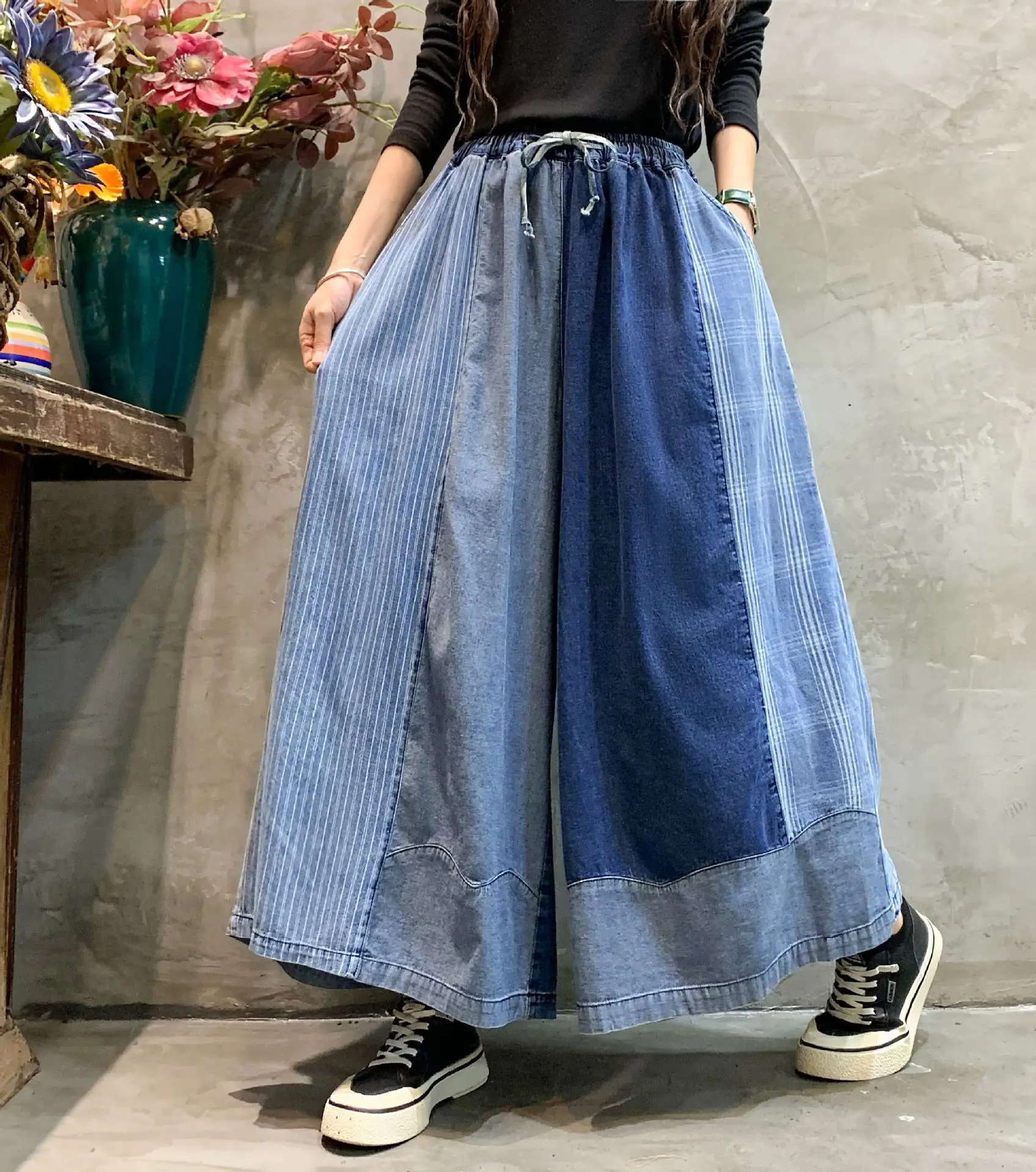 [EWQ] Patchwork Drawstring Jeans Pants For Women Streetwear High Waist Contrast Wide Leg Trousers Spring 2024 Autumn New Y6664