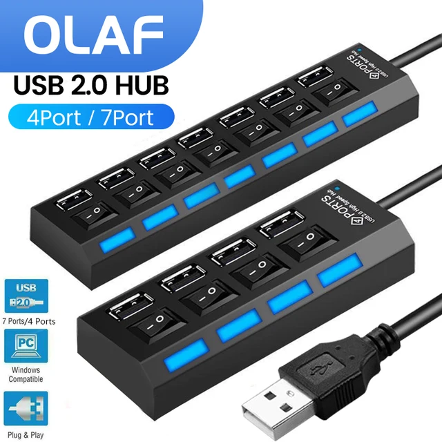 OLAF USB 허브 2.0 4/7 포트 다중 확장기 USB 2.0 허브, 스위치 포함 멀티 USB 분배기 허브, 전원 어댑터 컴퓨터 액세서리 사용
