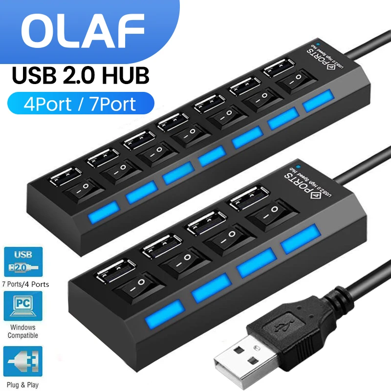 Olaf-usb Hub com Interruptor Expansor Múltiplo Multi Splitter Use Adaptador de Energia Acessórios de Computador Usb 2.0 Portas