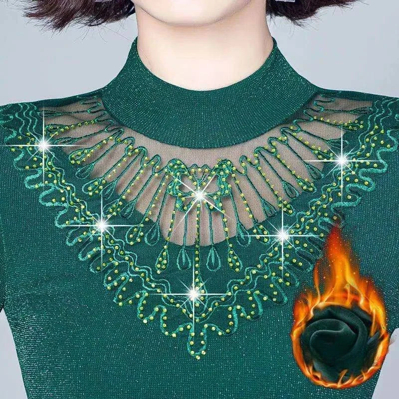 

Autumn and Winter New Plus Velvet Half High Collar Lace Mesh Bottoming Shirt Long-sleeved T-shirt Women Pullovers 5XL X727