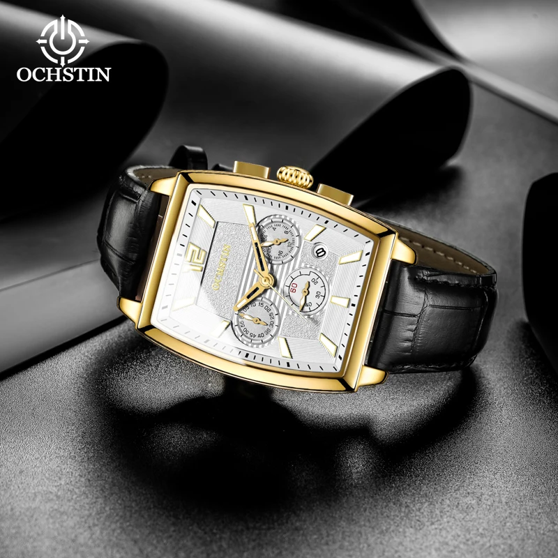 OCHSTIN Voyager Multi-functional Quartz Watch Rectangular Black Gold And Silver Case HD Luminous Mens Quartz Watch